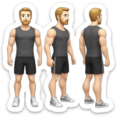 Full height Pale skinned fit man With biceps, Realistic eyes and mouth, light brown hair and stubble In dark gray sleeveless mike, black oversize sports shorts, watch and white sneakers. sticker