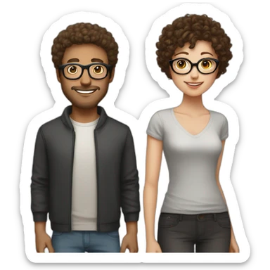 couple, white girl with round silver glasses and really short brown curly hair, tall man with brown round glasses and short curly brown hair sticker