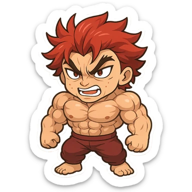 Yujiro Hanma stylized as a chibi character, exaggerated muscles, red spiky hair, fierce expression, cute cartoon style sticker