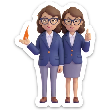 Economics professional mascot character with shoulder-length wavy brown hair, stylish glasses, navy blazer, pointing at economic symbols, full body view sticker