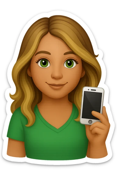 Make her eyes a little darker, give her a rounder face, and a soft smile. Keep the iPhone emoji style with long wavy hair with brown roots and blonde highlights, brown eyebrows, and summer tan. Maintain the transparent background. sticker