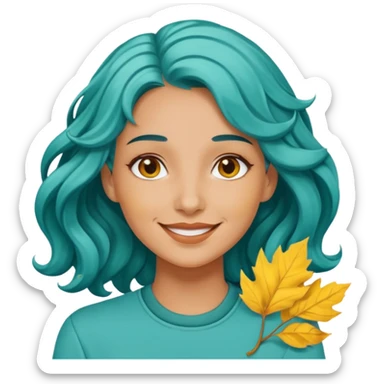 A woman with wavy teal hair decorated with yellow leaves, looking forward with a gentle smile. sticker