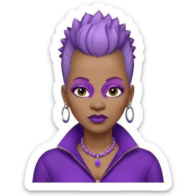 57yr old Qeen black woman with a natural hair mohawk style haircut adorning purple royalty clothing and purle lipstick and lightly colored eyeshadow, with a nose studs on each nostril  sticker