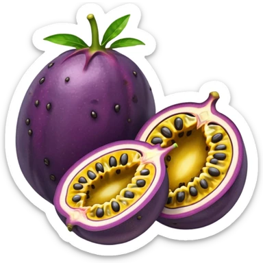 whole round purple passion fruit with slightly wrinkled matte skin next to halved piece showing vibrant yellow pulp with glossy black seeds juicy jelly-like texture bold contrast between rind and interior no leaf spoon or extras soft lighting subtle shadows emoji scale sticker