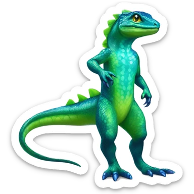 A Cyan Shiny Glossy Iridescent Anthro-Scalie-Lizard-Reptile-Salamandrian-Fakémon with dark-blue patterns and light-green belly Full Body sticker