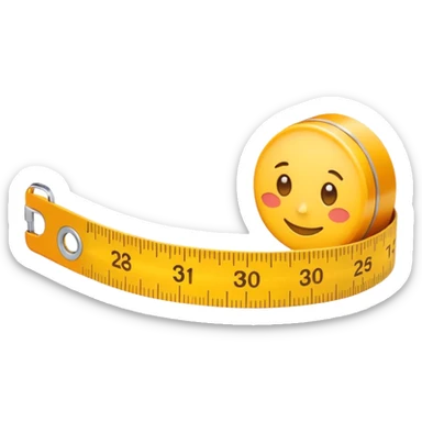 Cute emoji-style measuring tape roll, yellow color with orange highlights, soft edges, small eyes and smile for fun cartoon effect, simple emoji icon style. sticker