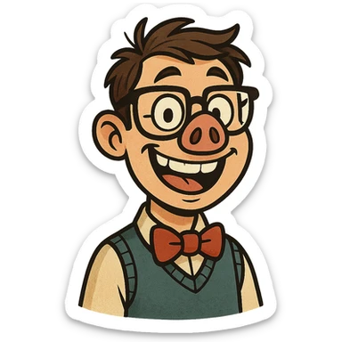 a geeky character with a pig nose and bow tie, cheerful expression sticker