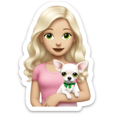 pale blond girl with wavy long platinum hair with green eyes holding a white chihuahua puppy that wearing a pink bow sticker