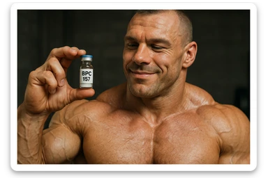 BODYBUILDER A FIGURA INTERA CHE TIENE IN MANO UNA FIALA MEDICA CON la scritta "BPC 157" SULL'ETICHETTA E LA GUARDA SODDISFATTO, iperrealistico 4k sticker
