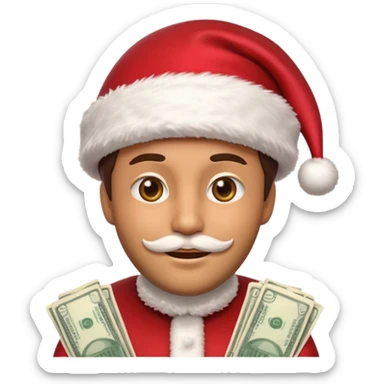 A confident rich emoji face wearing a Santa hat, money stacks, casino vibe, New Year theme, premium 3D emoji style, sharp details, no text, isolated on transparent background sticker