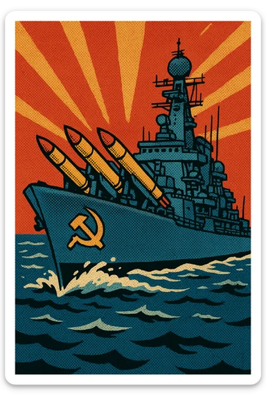 A 1960s Russia war ship carrying nuclear missiles.  The warship has the communist party logo on the side. sticker