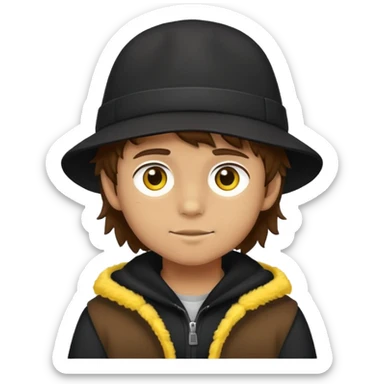 boy with fluffy brown hair wearing a black hat with yellow accents sticker