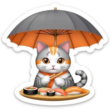 cat eating sushi under an umbrella sticker