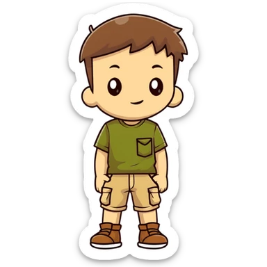 boy wearing an olive-green shirt over a brown T-shirt with beige cargo shorts sticker