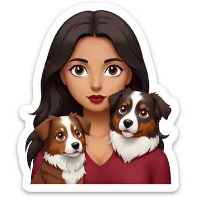 One latina girl with long beautiful dark hair and dark eyes in a dark red v neck and makeup with a black little brown and white tri Australian shepherd large sticker