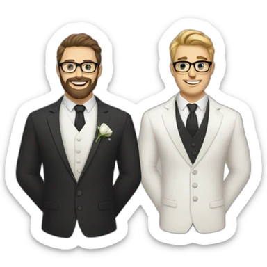 two groom, one with a dark beard and glasses and the other beardless with light hair and white skin sticker
