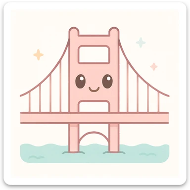 {
  "style_description": {
    "overall_look": "Cute, minimal, and soft with a friendly and playful tone",
    "material_simulation": {
      "primary_material": "flat digital color",
      "texture_detail": "smooth surfaces with no texture or shading",
      "pattern": "none or very simple decorative accents (e.g., hearts, stars)"
    },
    "geometry": {
      "edge_style": "rounded, soft curves with no sharp angles",
      "dimensionality": "flat two-dimensional appearance with simple shapes"
    },
    "color_palette": {
      "scheme": "pastel and light tones",
      "preferred_colors": ["pink", "mint", "lavender", "baby blue", "peach"],
      "contrast": "low contrast with bright accents"
    },
    "facial_features": {
      "eyes": "large, sparkly, often oval or circular",
      "mouth": "small, often a simple curve or dot",
      "expression": "joyful, innocent, or calm"
    },
    "lighting": {
      "type": "none or implied with soft highlights",
      "purpose": "maintain a clean and cheerful look"
    },
    "render_constraints": {
      "avoid": ["realistic shading", "high detail", "dark themes", "texture noise"],
      "focus_on": ["cute expression", "iconic simplicity", "emotional warmth"]
    },
    "background": {
      "color": "white or soft pastel",
      "style": "plain or patterned with simple icons (e.g., polka dots, stars)",
      "lighting_consistency": "no shadows, evenly lit feel"
    }
  }
}

{subject} = golden gate bridge sticker