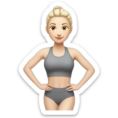 Pale skinned fit woman In a gray tight yoga suit With ash blonde hair in a ponytail doing yoga sticker