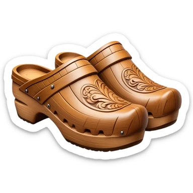Cinematic Realistic Wooden Clogs Emoji, depicted as a pair of traditionally carved wooden clogs with intricate details and rustic charm. sticker