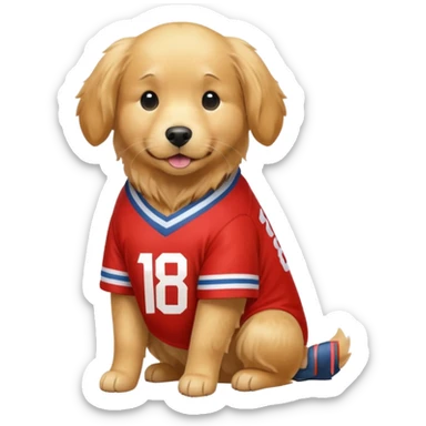 a golden retriever with a red and white jersey that has the number 18 on it sticker