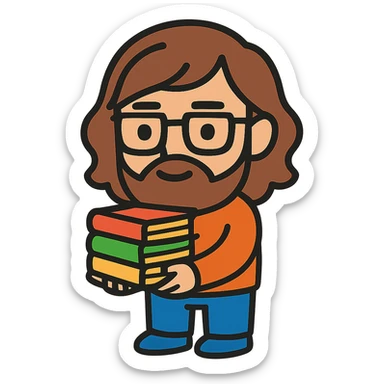 Add long hair and a beard to the nerd with books, keeping the original style and transparent background. sticker