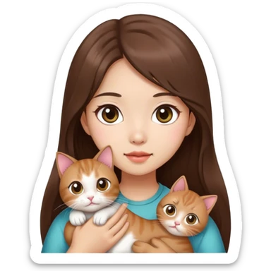 A Chinese girl with long brown hair and big eyes, holding a cat sticker