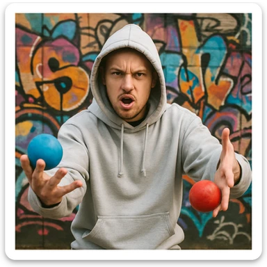A white rapper in a hoodie holding a blue ball in one hand and a red ball in the other, urban style, expressive pose sticker