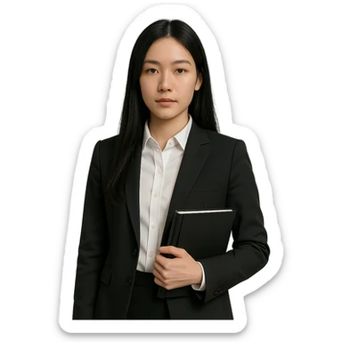 a girl with long black hair, neutral expression, wearing business style clothes including shirt and jacket, holding a notebook as an accessory, professional and clean style sticker