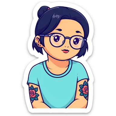young girl with face tattoos wearing glasses and black hair sticker