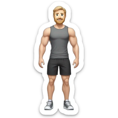 Full height Pale skinned muscular man With Realistic eyes and mouth, light brown hair and stubble In dark gray sleeveless mike, black oversize sports shorts, watch and white sneakers. sticker