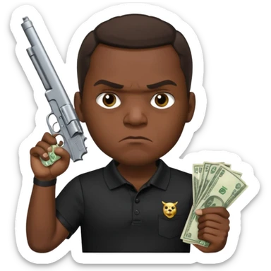 franklin saint from snowfall perhaps holding money and gun but he is mad and with a black polo shirt sticker
