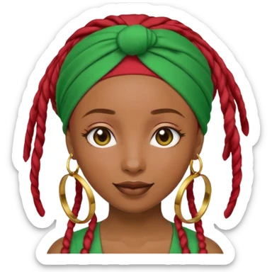 Non-portrait Jayci-vibe emoji, 1024 PNG, transparent. Headwrap (muted R-G-G), hoops, locs hint; soft smile, golden inner glow + faint heart aura. Embed: first-love, roots calm, playful grace, protective joy, consent. sticker