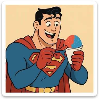 Superman enjoying a snow cone, playful expression, vibrant, comic book style sticker