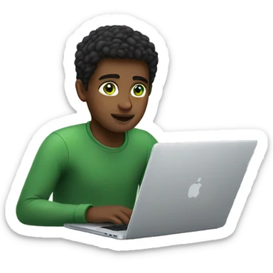 22 years boy having green eyes working on apple  laptop sticker