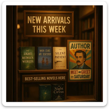 Bookstore window display. A sign displays “New Arrivals This Week”. Below, a shelf tag with the text “Best-Selling Novels Here”. To the side, a colorful poster advertises “Author Meet And Greet on Saturday” with a central portrait of the author. There are four books on the bookshelf, namely “The light between worlds” “When stars are scattered” “The slient patient” “The night circus” sticker