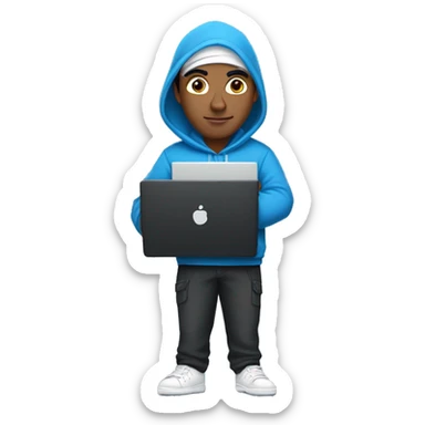 An Indian man in a blue hoodie, black pants with white sneakers carrying a closed laptop in the hand on the side near his waist sticker