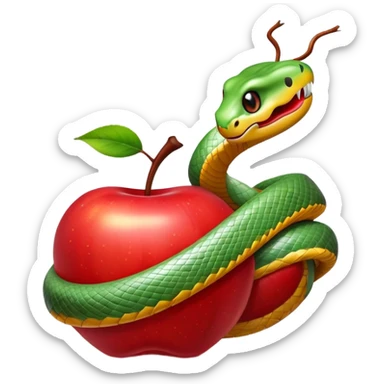 A snake wrapped around a red apple sticker