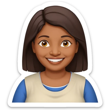 50 yr old chubby Sri Lankan woman, dark skin, straight brown hair, big smile, white teeth, european clothes, shoulder length hair sticker