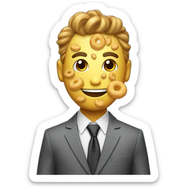 cereal mascot wearing a nice suit with a bowl of cereal for a head sticker