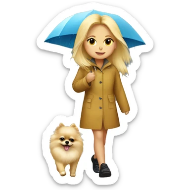 Blonde girl walking pomeranian under the rain sticker