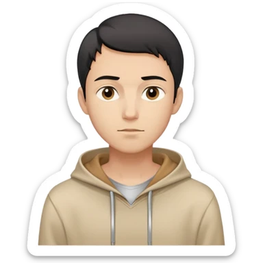 man with short black hair, slender build, light brown hoodie over white inner garment, silver necklace, calm demeanor, gentle expression, looking straight ahead sticker
