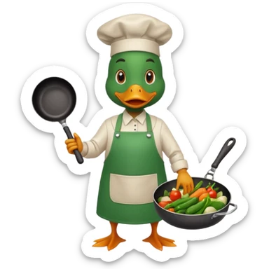 A duck holding a frying pan with sizzling vegetables, wearing green apron sticker