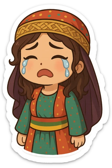 Cartoon sticker of a Kurdish woman in traditional Kurdish female clothing, colorful and cheerful style, sad face with crying expression, no text, suitable for WhatsApp and Instagram, transparent background. sticker