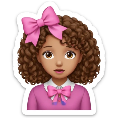 Curly hair brown hair tan skin girl, Pleading Face emoji, using pink bow sticker