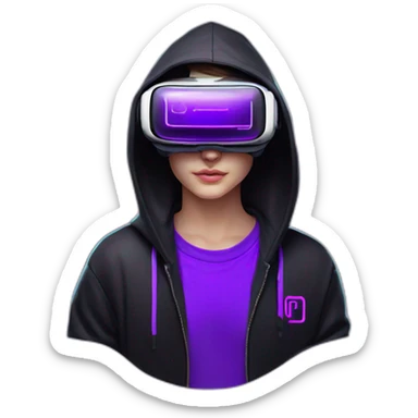 Russian student wearing black hoody with violet letters "OMG", in vr headset. Cyberpunk style. Violet neon. sticker