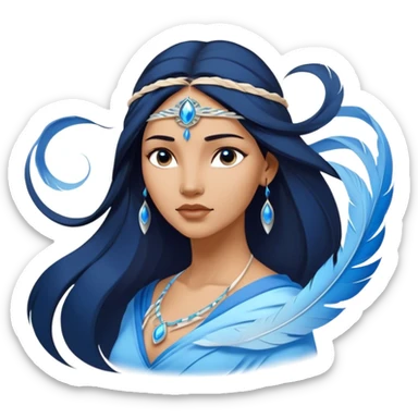 Cinematic Elegant Pocahontas Portrait Emoji, Standing serenely with a blue wind swirl around her, soft feathers in her hair, a tranquil yet powerful gaze, beauty beyond time, an ethereal aura of connection with nature, regal and enchanting! sticker