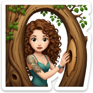 woman with long curly brown hair, brown eyes, white skin, tattoos, opening a tree trunk like a secret door portal sticker