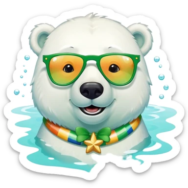 friendly anthropomorphised polar bear smiling, wearing large multicolored star-shaped glasses and festive St. Patrick's Day outfit, swimming in water sticker