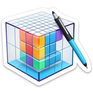 Create an emoji for 3D visualization and modeling. Show a 3D cube or object with grid lines and a modeling tool (e.g., a mouse or stylus). Use modern, professional colors. Do not include any emojis or smiley faces. Make the background transparent. sticker
