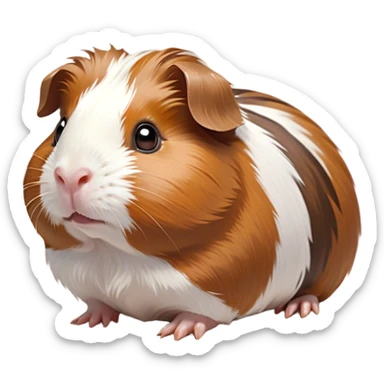 Cinematic Cute Brown and White Banded Guinea Pig Portrait Emoji, Head tilted playfully and inquisitively, showcasing a fluffy coat with playful brown and white banded patterns, round, sparkling dark eyes filled with curiosity, Simplified yet irresistibly adorable features, highly detailed, glowing with a warm, friendly glow, high shine, affectionate and spirited, stylized with a touch of whimsy, bright and endearing, soft glowing outline, capturing the essence of a mischievous yet loving guinea pig, so playful it feels like it could dash out of the screen and into your arms! sticker